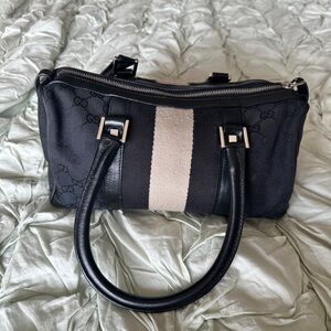 Gucci Black and Beige Boston Bag Canvas Monogram with Black Leather Trim
